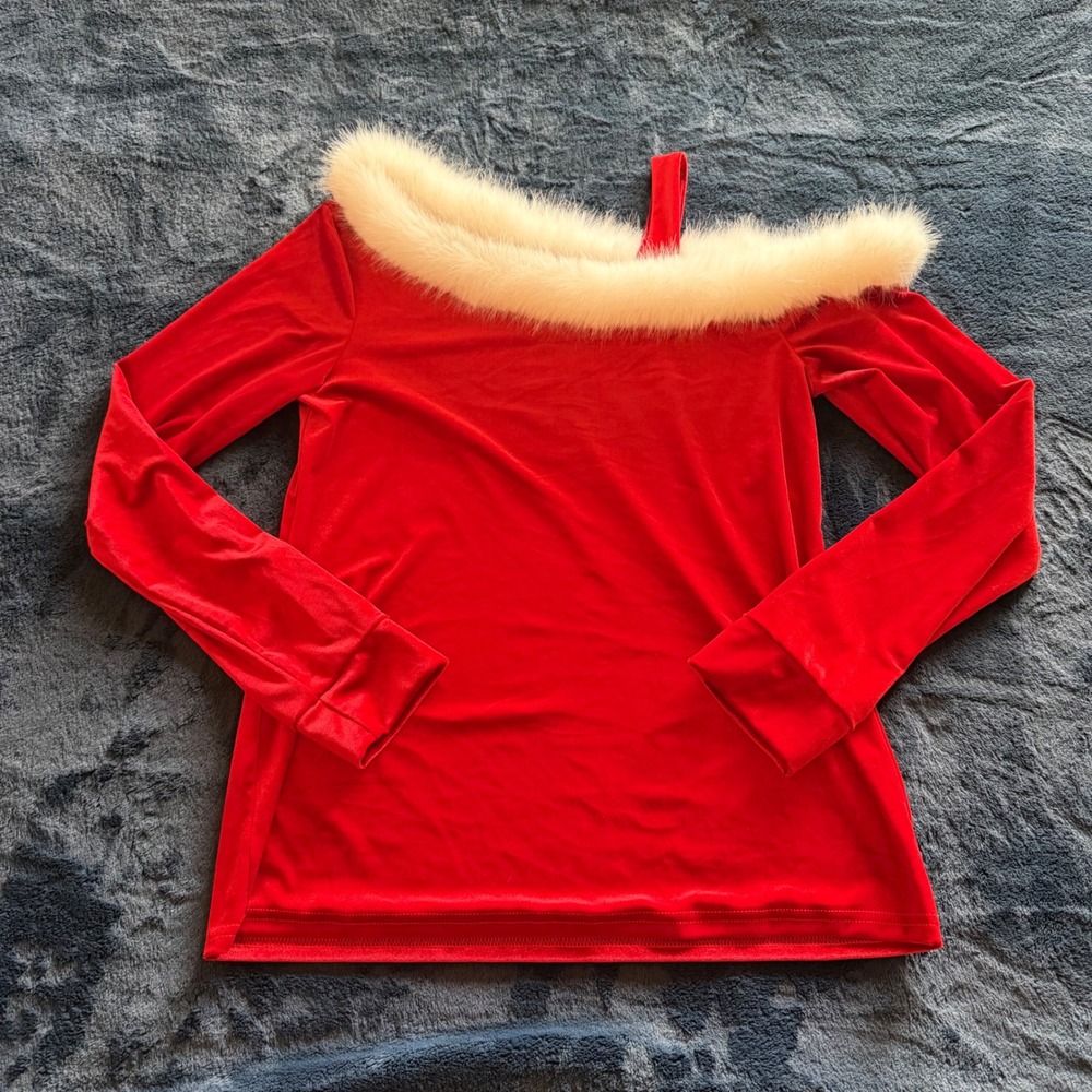 Vidussa Red Velvet Off Shoulder Christmas Santa Top White Faux Fur Size M E0614 - Picture 1 of 3